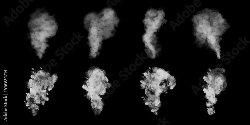Smoke set isolated on black background. Transparent smoke effect. 