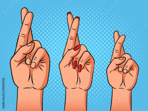 Family crossed fingers pop art retro vector illustration. Comic book style imitation.