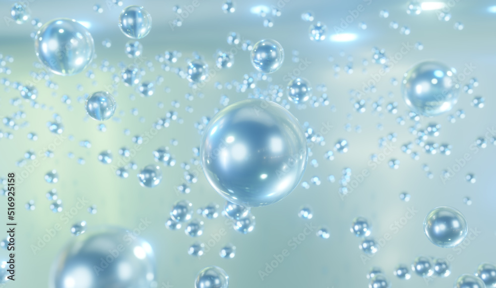 3D cosmetic rendering Blue liquid bubbles on a fuzzy background. collagen-based bubble design. Moisturizing and serum concept principles. Vitamins as a concept for health and beauty.