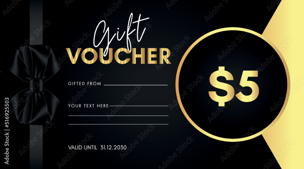 5 dollar discount for shopping template design with black bow and gold