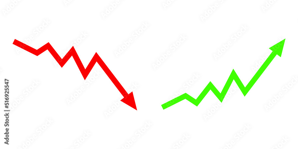 Graph going Up and Down sign with green and red arrows vector. Flat design vector illustration concept of sales bar chart symbol icon with arrow moving down and sales bar chart with arrow moving up. Graph going Up and Down sign with green and red arrows vector. Flat design vector illustration concept of sales bar chart symbol icon with arrow moving down and sales bar chart with arrow moving up.