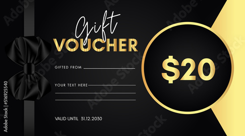 20 dollar discount for shopping template design with black bow and gold circle frame isolated on black background. Special offer gift voucher template to save money. Gift certificates, coupon code.