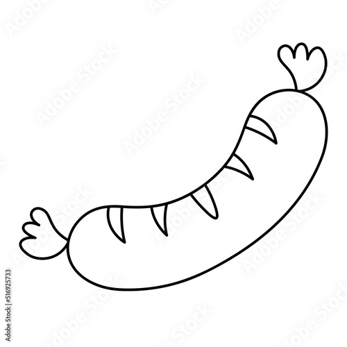 Sausage. Fried sausage with cuts. Sketch. Vector illustration. Juicy barbecue sausage. Coloring book for children. Outline on isolated background. Doodle style. Idea for web design.