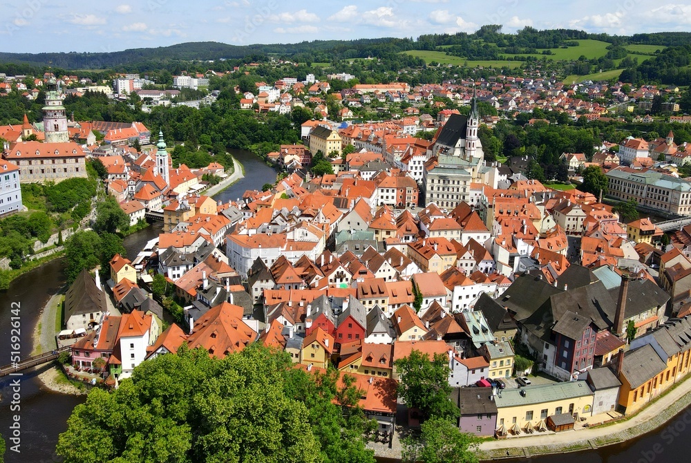 Panorama Cesky Krumlov. A beautiful and colorful amazing historical Czech town. The city is UNESCO World Heritage Site on Vltava river. Aerial view from drone. Czech, Krumlov