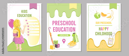 Set of flyers for preschool , education, learning, kindergarten, kids, childhood. A4 vector illustration for poster, banner, flyer, advertising.