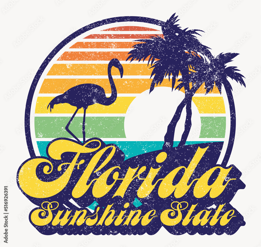 © PrintingSociety - Florida the sunshine state badge vintage vector print for girl t shirt grunge effect in separate layer © PrintingSociety - Florida the sunshine state badge vintage vector print for girl t shirt grunge effect in separate layer