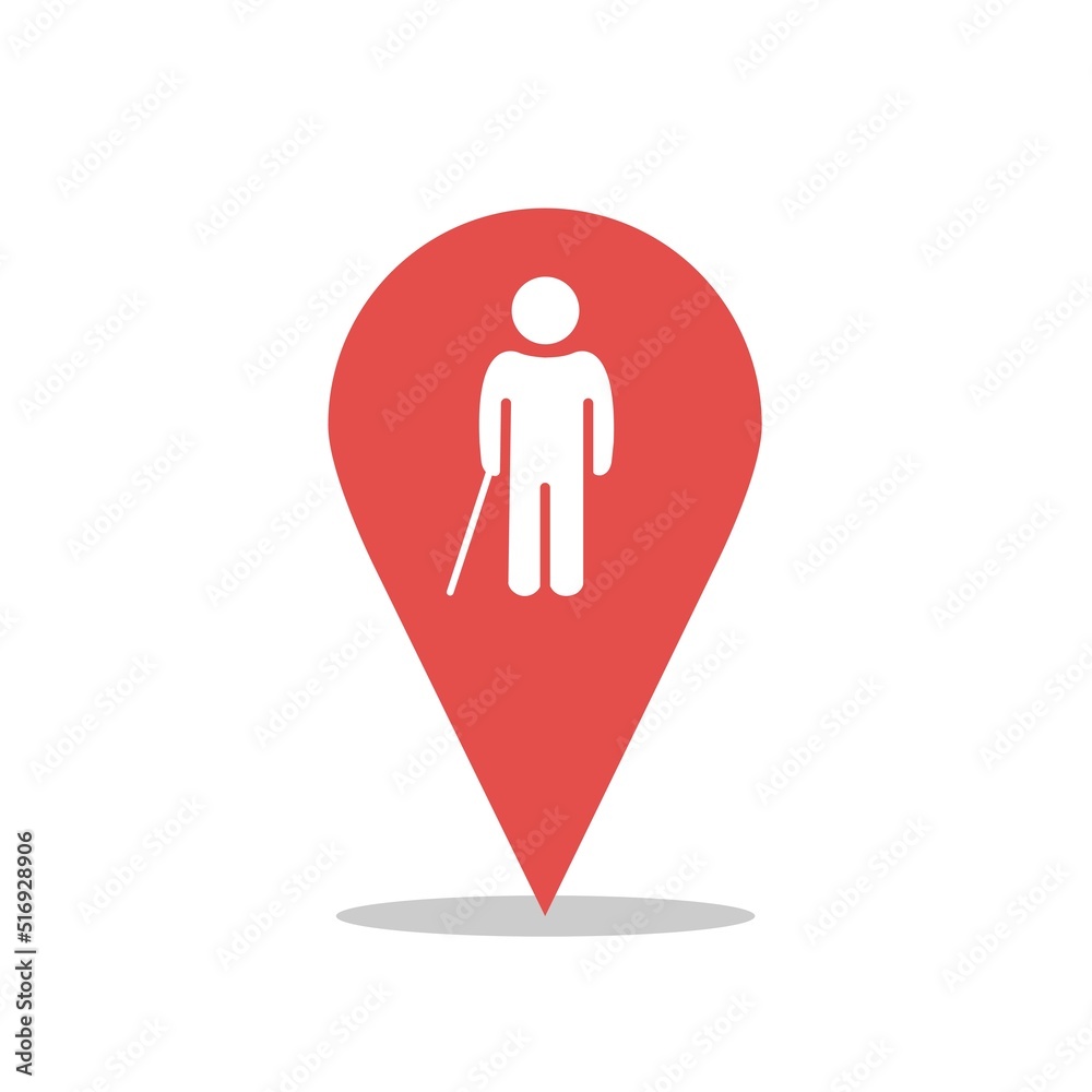 Disabled person icon. Blind man with a cane. Elderly, old, aged. Map pointer. Pin pointing to people with disabilities, the elderly, pensioners Disabled person icon. Blind man with a cane. Elderly, old, aged. Map pointer. Pin pointing to people with disabilities, the elderly, pensioners