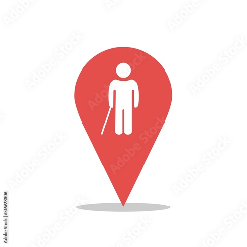 Disabled person icon. Blind man with a cane. Elderly, old, aged. Map pointer. Pin pointing to people with disabilities, the elderly, pensioners