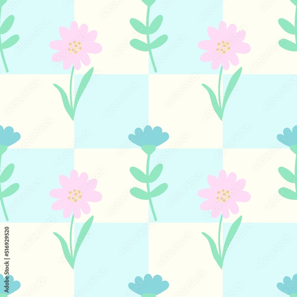 Spring flowers seamless pattern on geometric background. Fresh modern floral print for kids apparel