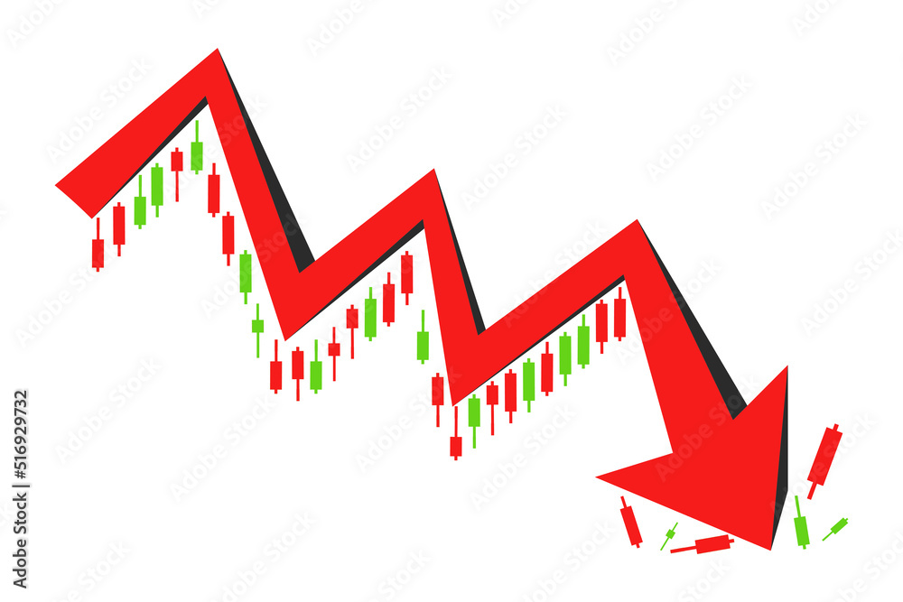 Red arrow downtrend stock chart isolated on white background with clipping path