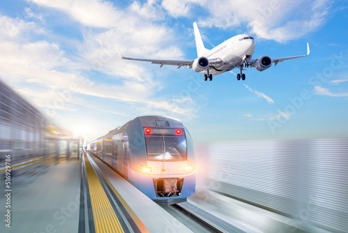 Airplane and railway.Travel or Transportation background concept.