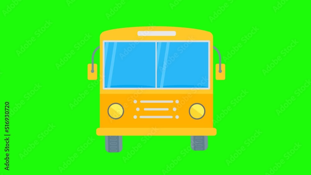 Yellow bus cartoon animation loop on a green background. Animated vehicle icons. Yellow bus cartoon animation with alpha channel. Key color, chroma-key, alpha channel. 4K video