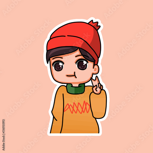 Sticker template with cartoon boy character isolated illustration