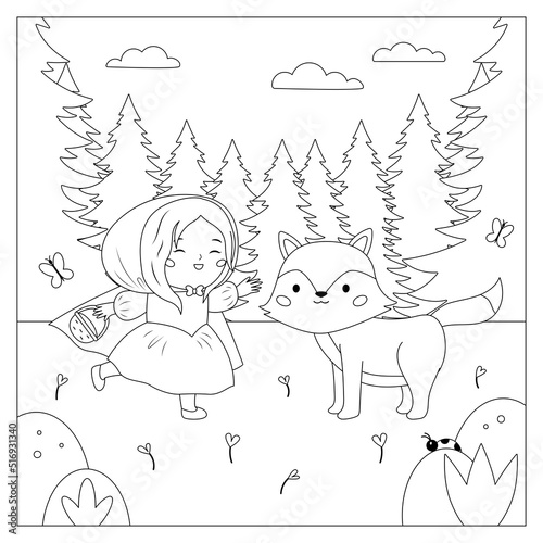 Coloring page with Little Red Riding Hood and wolf. Classical fairy tale for kids. Cute cartoon kawaii characters. Black and white vector illustration.
