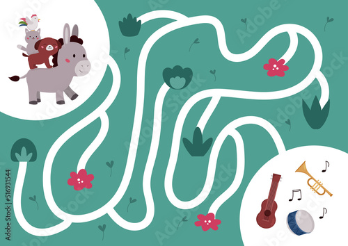 Maze game with Bremen Town Musicians. Help animals find the right way to their music instruments. Cute cartoon kawaii characters. Classical fairy tale. Vector illustration.