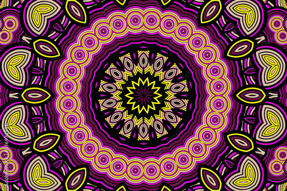 Fractal abstract background with an unusual abstract flower in the center and a fractal ornament in the form of spirals in a circle
