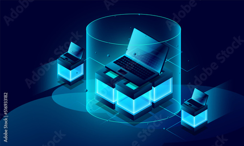 Laptop analysis processing. cloud services concept  file backup and saving  isometric vector   Database.