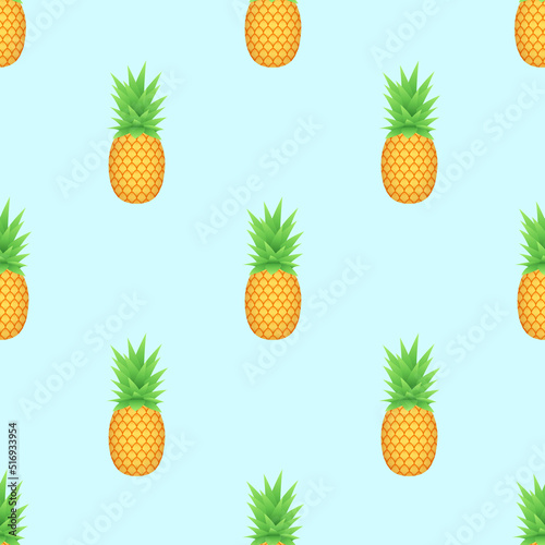 Tropical pineapple seamless pattern on light blue background. Exotic vector illustration.