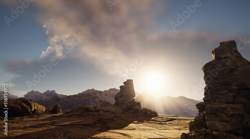 Arid rocky landscape at sunset. 3D render.