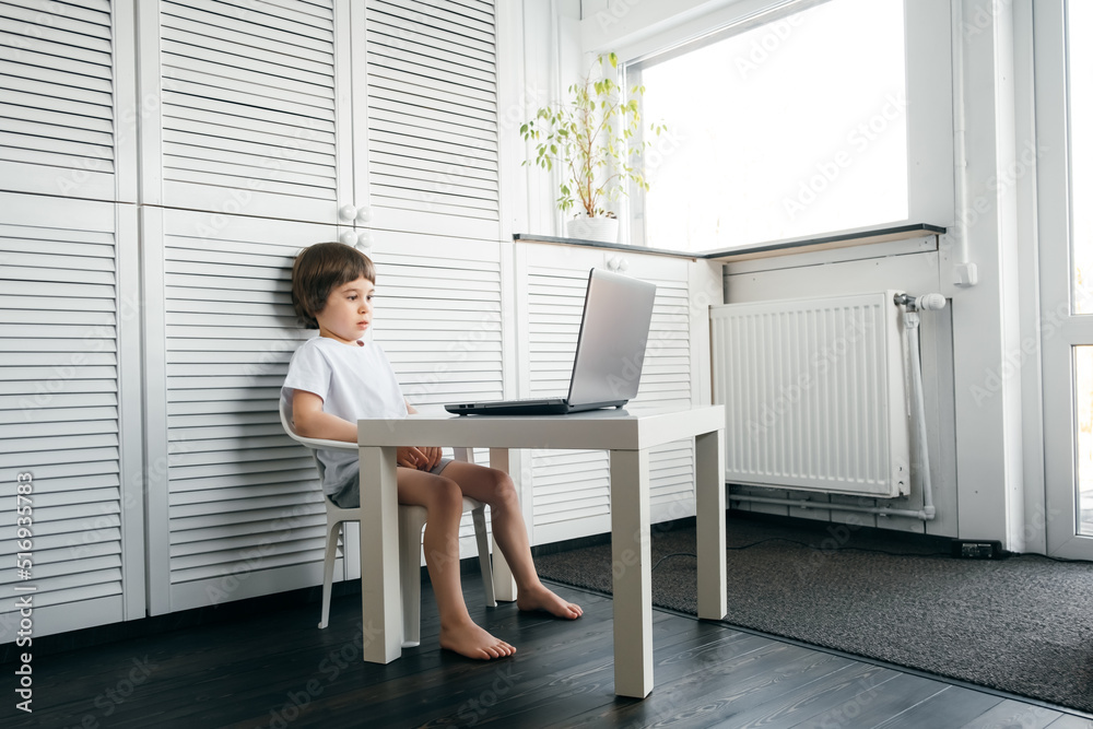 5 year boy sit at the table, uses laptop, looking at the screen. Child is doing homework lesson, playing video games, studying IT development, watching cartoon. Home distance online education concept 5 year boy sit at the table, uses laptop, looking at the screen. Child is doing homework lesson, playing video games, studying IT development, watching cartoon. Home distance online education concept