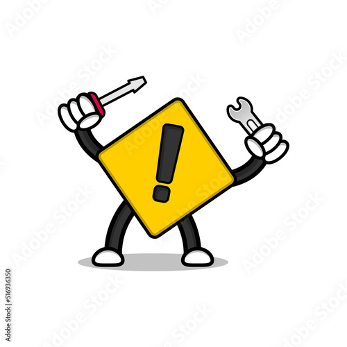 Illustration of warning sign cartoon character with screwdriver and wrench.