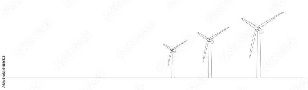 continuous single line drawing of wind turbines, renewable energy line art vector illustration - obrazy, fototapety, plakaty 