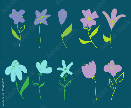 Blue and purple vector flowers set illustration. abstract daisyes  tulips. flat style for banner  poster  promotion  web site.