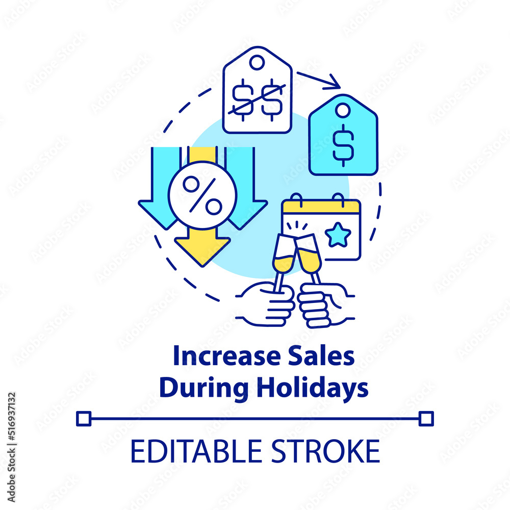 Increase sales during holidays concept icon. Festive offers. Discount strategy abstract idea thin line illustration. Isolated outline drawing. Editable stroke. Arial, Myriad Pro-Bold fonts used