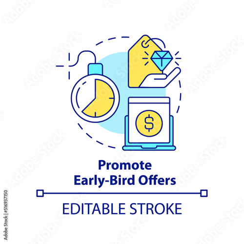 Promote early bird offers concept icon. Pre order discount. Marketing strategy abstract idea thin line illustration. Isolated outline drawing. Editable stroke. Arial, Myriad Pro-Bold fonts used