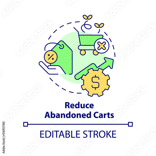 Reduce abandoned carts concept icon. Offer lower price. Discount strategy abstract idea thin line illustration. Isolated outline drawing. Editable stroke. Arial, Myriad Pro-Bold fonts used