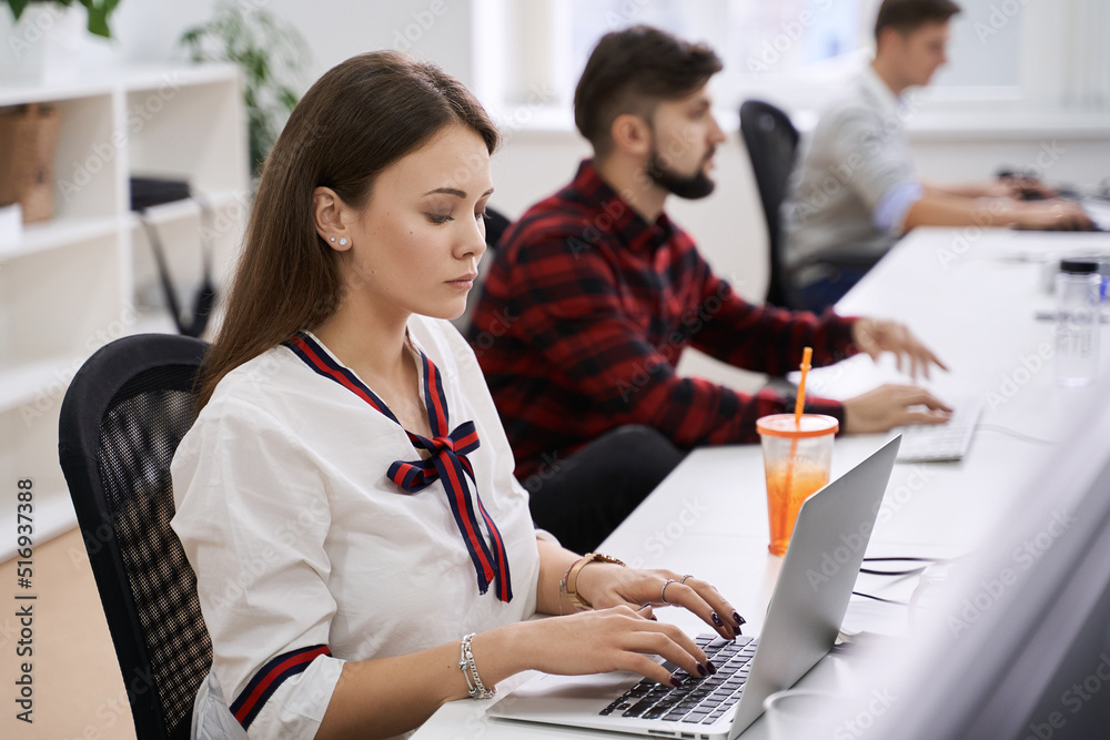 People working in modern IT office. Group of young and experienced programmers and software developers sitting at desks working on computers. Team at work.