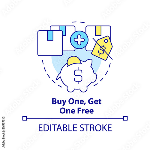 Buy one, get one free concept icon. Customer benefit. Type of discounts abstract idea thin line illustration. Isolated outline drawing. Editable stroke. Arial, Myriad Pro-Bold fonts used © bsd studio