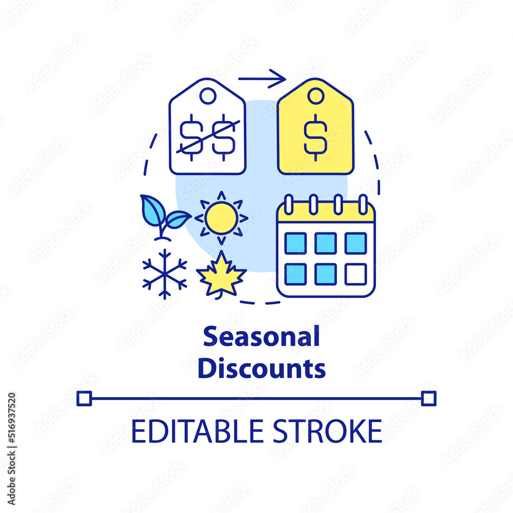 Seasonal discount concept icon. Reduced price to increase sales. Type of allowances abstract idea thin line illustration. Isolated outline drawing. Editable stroke. Arial, Myriad Pro-Bold fonts used