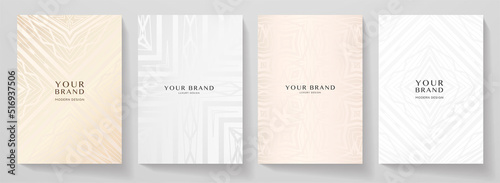 Luxury premium cover design set. Abstract background with gold, silver, white line pattern. Royal vector template for vertical menu, brochure, flyer layout, lux invite card