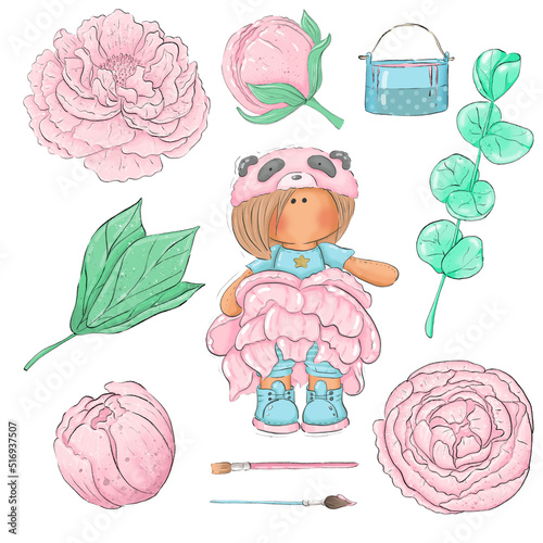 A set of cute illustrations of a panda girl in a peony dress surrounded by flowers with a can of paint and artistic kits. Graphic illustration with flowers for logos and postcards