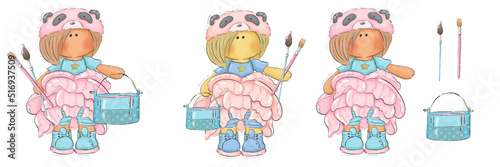 A set of cute illustrations of a panda girl in a peony dress surrounded by flowers with a can of paint and artistic kits. Graphic illustration with flowers for logos and postcards