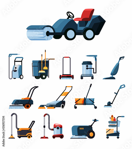 Vacuum cleaners. industrial electronic gadgets for cleaning service. Vector pictures of vacuum cleaners