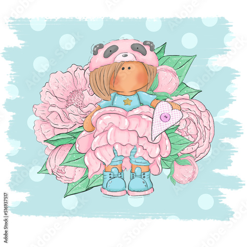 A set of cute illustrations of a panda girl in a peony dress surrounded by flowers with a can of paint and artistic kits. Graphic illustration with flowers for logos and postcards
