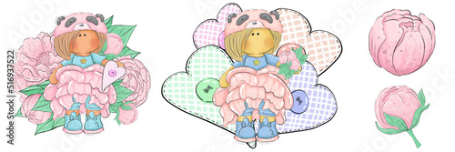 A set of cute illustrations of a panda girl in a peony dress surrounded by flowers with a can of paint and artistic kits. Graphic illustration with flowers for logos and postcards
