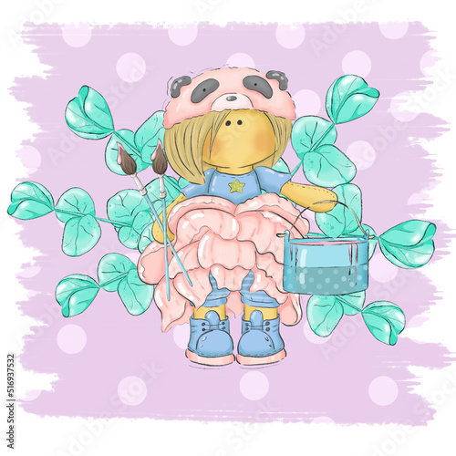 A set of cute illustrations of a panda girl in a peony dress surrounded by flowers with a can of paint and artistic kits. Graphic illustration with flowers for logos and postcards