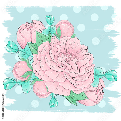 Bouquets of pink peony flowers and eucalyptus leaves. Graphic design elements. To create a logo, and postcards.