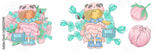 A set of cute illustrations of a panda girl in a peony dress surrounded by flowers with a can of paint and artistic kits. Graphic illustration with flowers for logos and postcards