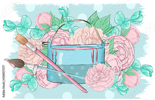 A jar of paint and brushes on the background of a Bouquet of pink peony flowers and eucalyptus leaves. Graphic design elements. To create a logo and postcard