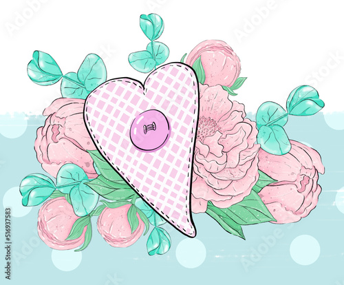 Textile heart on the background of a Bouquet of pink peony flowers and eucalyptus leaves. Graphic design elements. To create a logo and postcard