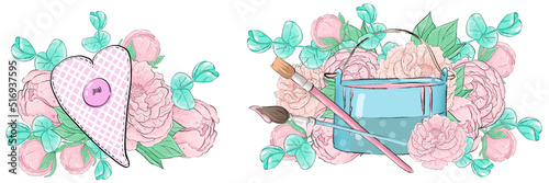 Set of Textile heart and jar with paint and brushes on the background of Bouquet of pink peony flowers and eucalyptus leaves. Graphic design elements. To create a logo and postcard