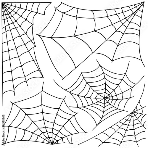 Set of vector silhouettes of cobweb on a white background. Halloween party.