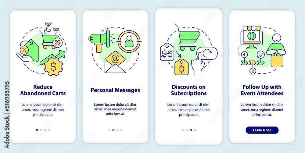 Strategy of discount onboarding mobile app screen. Business walkthrough 4 steps editable graphic instructions with linear concepts. UI, UX, GUI template. Myriad Pro-Bold, Regular fonts used