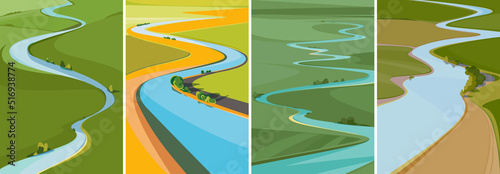 Set of landscapes with river view from above. Natural sceneries in vertical format.