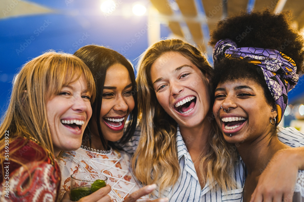 Multiracial happy friends having fun outdoor at beach party - Focus on ...