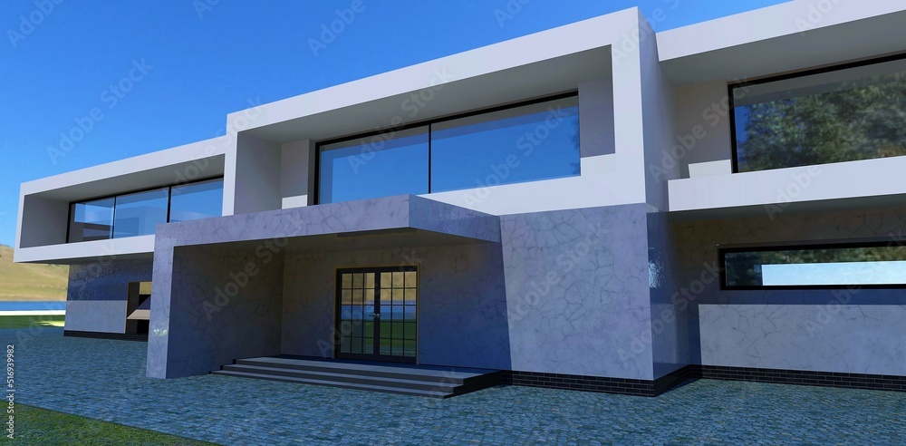 Entrance to a modern high-tech building. Finishing of a facade from white marble. Large reflective windows on spacious balconies. 3d render.